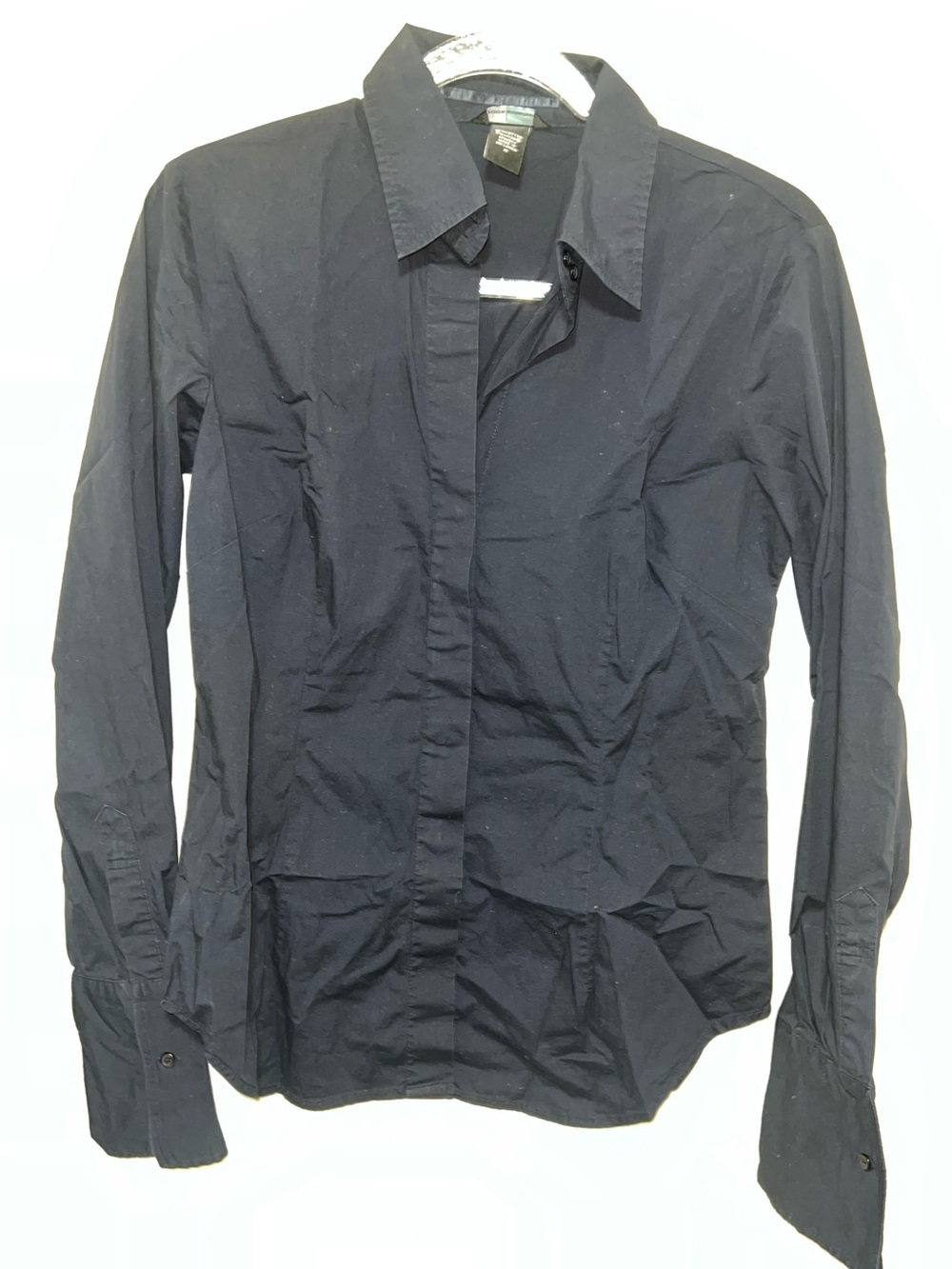 Moda International Navy Button Up Shirt Women’s Medium Stretch Blouse